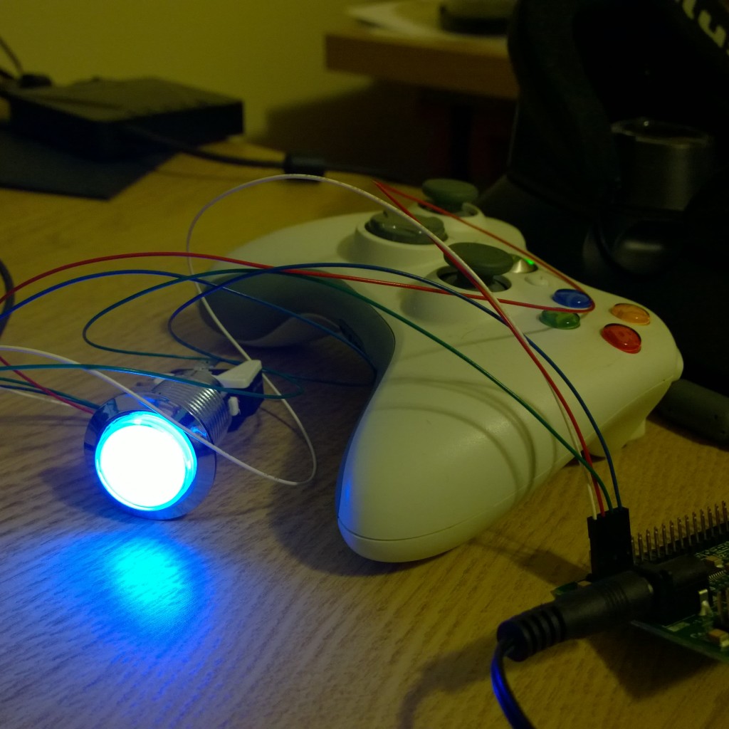 A test lighting of one of the RGB UltraLUX Chrome buttons, plugged into the PACLed64 controller.