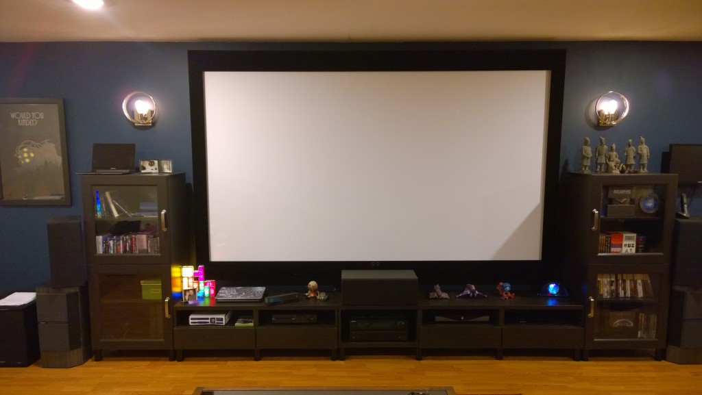 A wide view of the home theater setup with the new speakers.