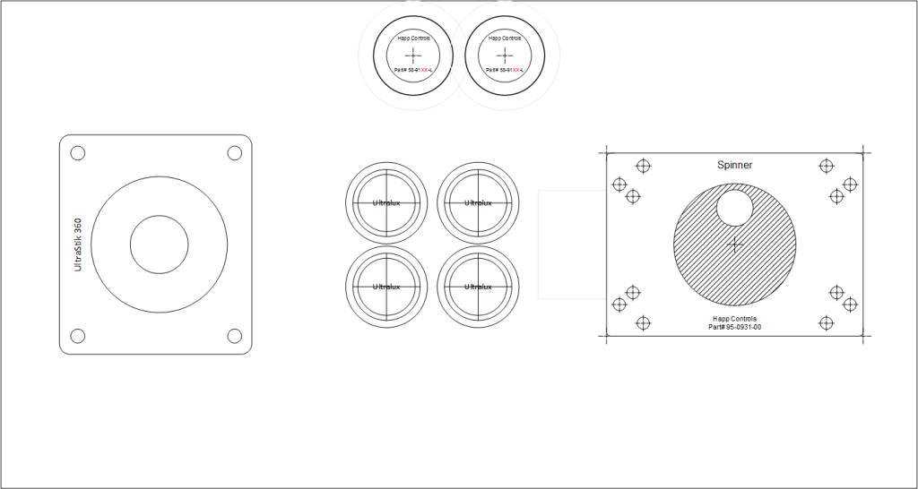 A first-pass layout for a control panel with a spinner, based on the wider panels in the Haruman cabinet.